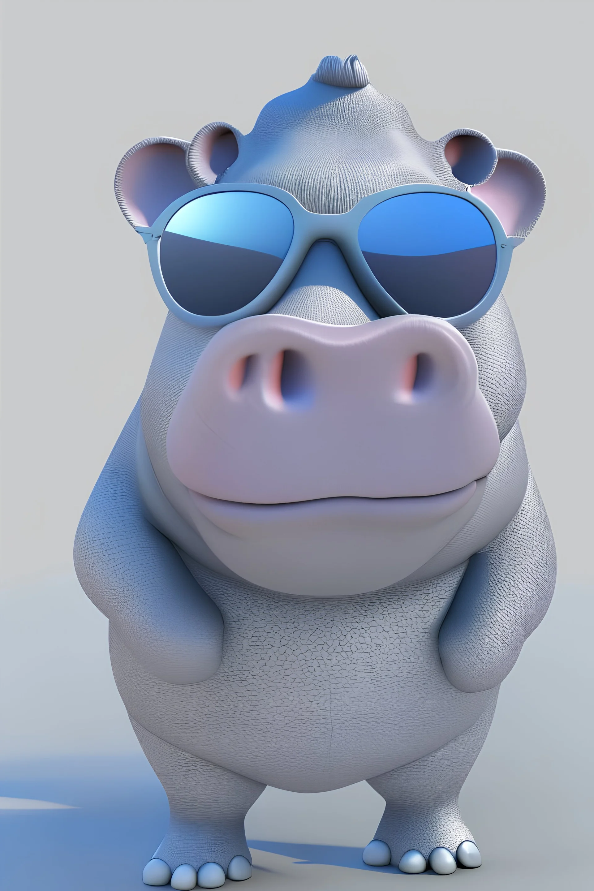 A cartoon character in Disney style with a funny perfect detailed realistic gray hippo, rosy cheeks , put a sun glass, 8k, white paper background ,3d