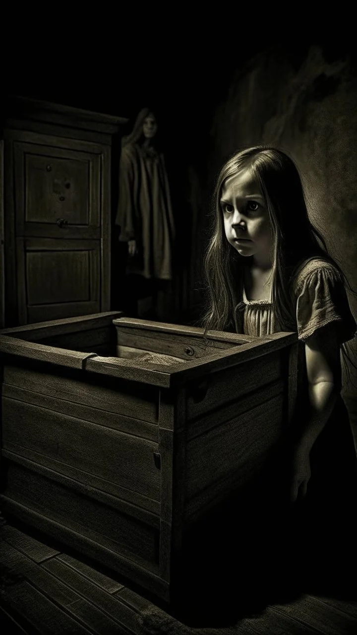 The picture reflects an atmosphere of mystery and horror, in which the Cursed old box appears as if emitting an incomprehensible danger. Darkness creeps around the wooden box, which stands quietly in the dark corner inside the "lost ghosts"store. Emma, a young girl with curious eyes, watches the box with obvious anticipation, and on her face reflects surprise and wonder. The light mixed between the enchanting shades enhances the appearance of the box, giving the scene a mysterious and exciting a