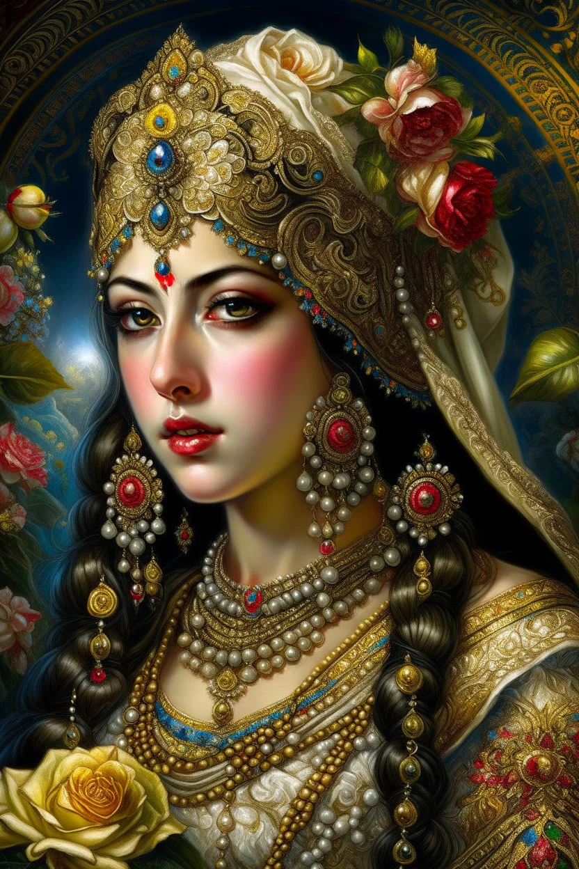 Beautiful facee Iranian Princess front wiev portrait, adorned with giant Jasmine, and lily flower ,roses , golden pearls , zafir gemstone headress, wearing floral, lace, pearls, zafirs ornate Iranian costume, organic bio spinal ribbed detail of Iranian style full jasmin and rose and persian garden background by the moonlight extremely detailed hyperrealistic maximalist portrait art 256K