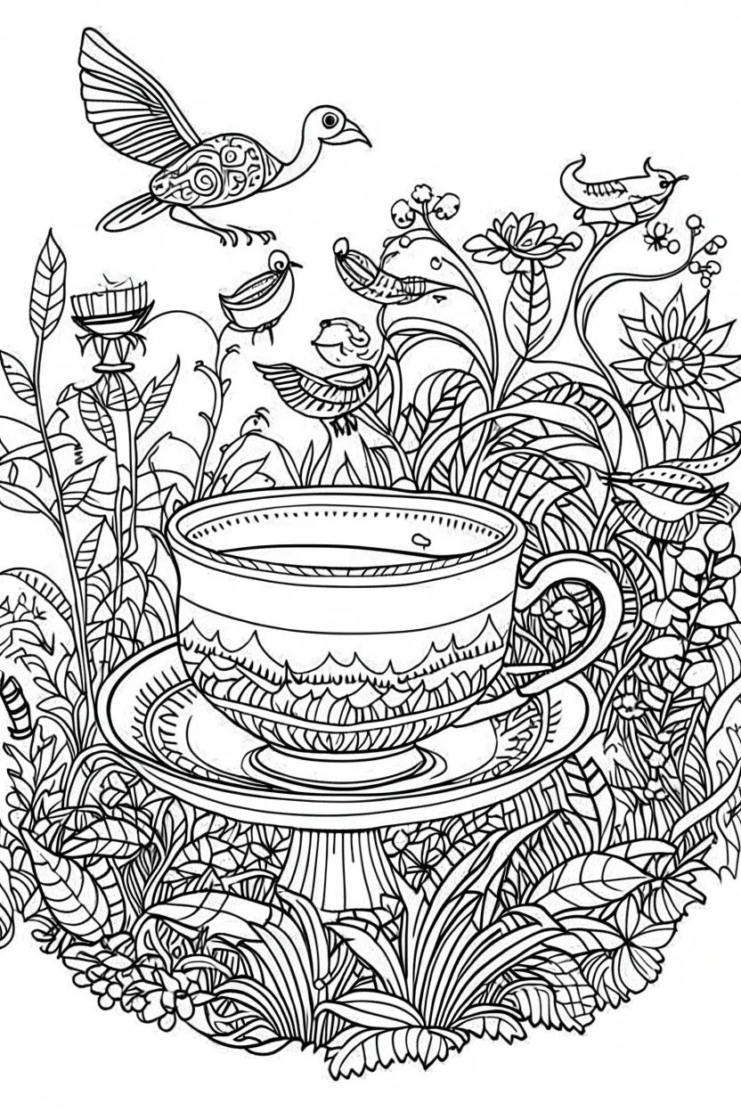 Outline art for coloring page, AVANT GARDE DRAWING TEACUP SET IN A GARDEN, coloring page, white background, Sketch style, only use outline, clean line art, white background, no shadows, no shading, no color, clear