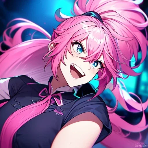 Clear focus, 8k, beautiful lighting, vibrant colors, girl, pink hair, long hair, vibrant blue eyes, ponytail, messy hair, hair in between the eyes, laughing, angry,