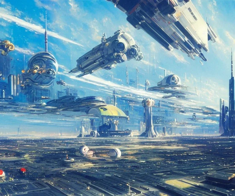 Spaceport on a heavy industrialized planet with a vibrant city in the background and a starting spaceship in the foreground, art by John Berkey, buildings with glass facades, insanely detailed, vibrant, 8k uhd, cinematic atmosphere, ultra-wide angle, street level view, brush strokes, blue sky with clouds, sharp focus