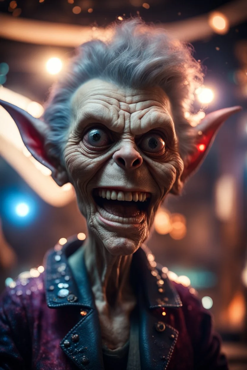 portrait through dirty photolens of ultimate transcendent happy chat gremlin vampire alien jaws carpenter grandma punk frown with spotlights, in front of space portal dimensional glittering device, bokeh like f/0.8, tilt-shift lens 8k, high detail, smooth render, down-light, unreal engine, prize winning