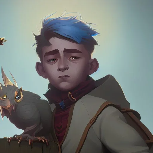 Portrait of a wizard kid with his pet gargoyle by Nick Harris