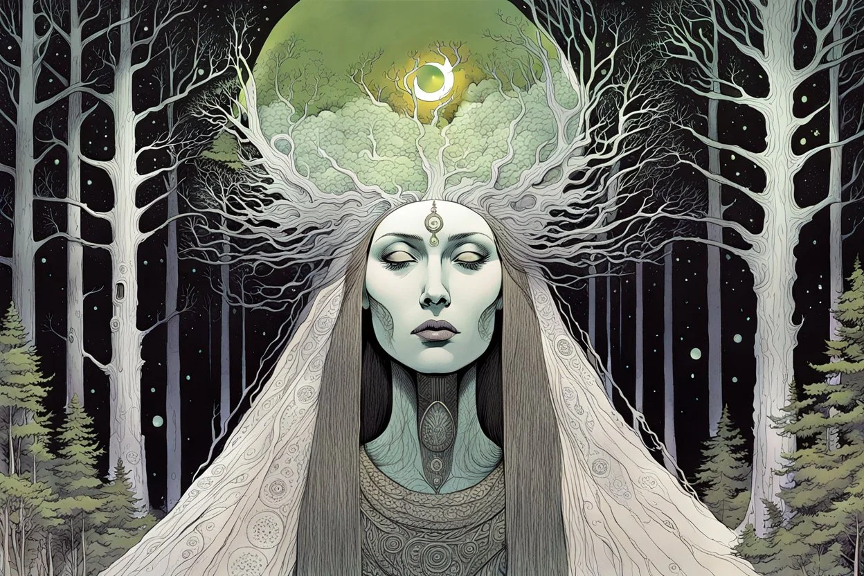 create an abstract expressionist lithograph of a ghostly tribal druid priestess, with highly detailed, delicate feminine facial features, inhabiting an ethereal Northern forest of ancient hemlocks, in the comic book style of Jean Giraud Moebius, David Hoskins, and Enki Bilal, precisely drawn, sharply defined, boldly inked, in the pale colors of the midnight moon