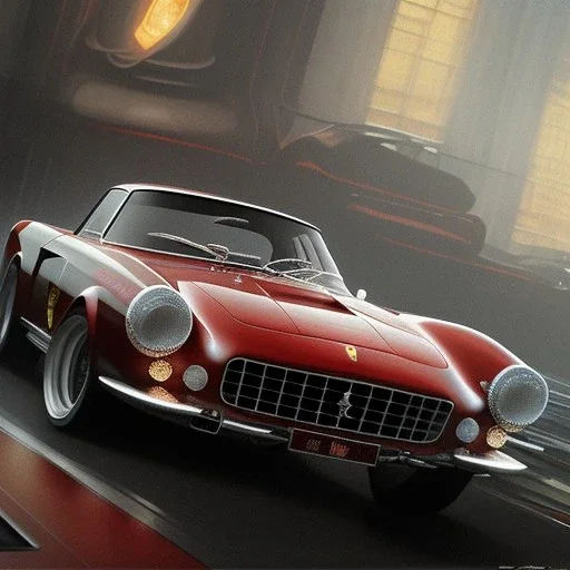 hyperrealism Drawing of 'Ferrari 250 GT Berlinetta SWB' three quarter frontal aerial view, by gaston bussiere, greg rutkowski, yoji shinkawa, yoshitaka amano, tsutomu nihei, donato giancola, tim hildebrandt,oil on canvas, cinematic composition,Sharp detail,extreme detail,fit full head inside picture,16k