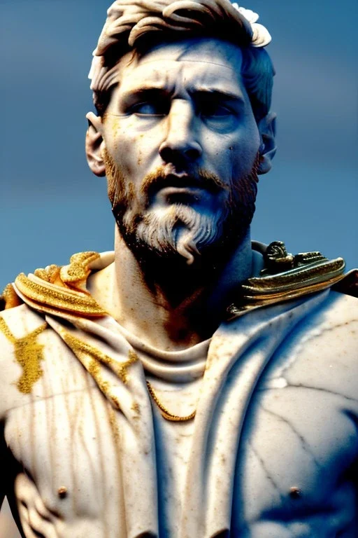 Realistic image, Roman sculpture made in white marble with gold veins, Lionel messi with gold halo crown, two blue brushes, decorative star on the chest, waist up portrait, marble material, gold ornaments, Baroque style, sun rays background, epic, celestial, cinematic lighting, God lights, 4k resolution, smooth details, soft lighting, unreal engine 5, art station, substance 3d.