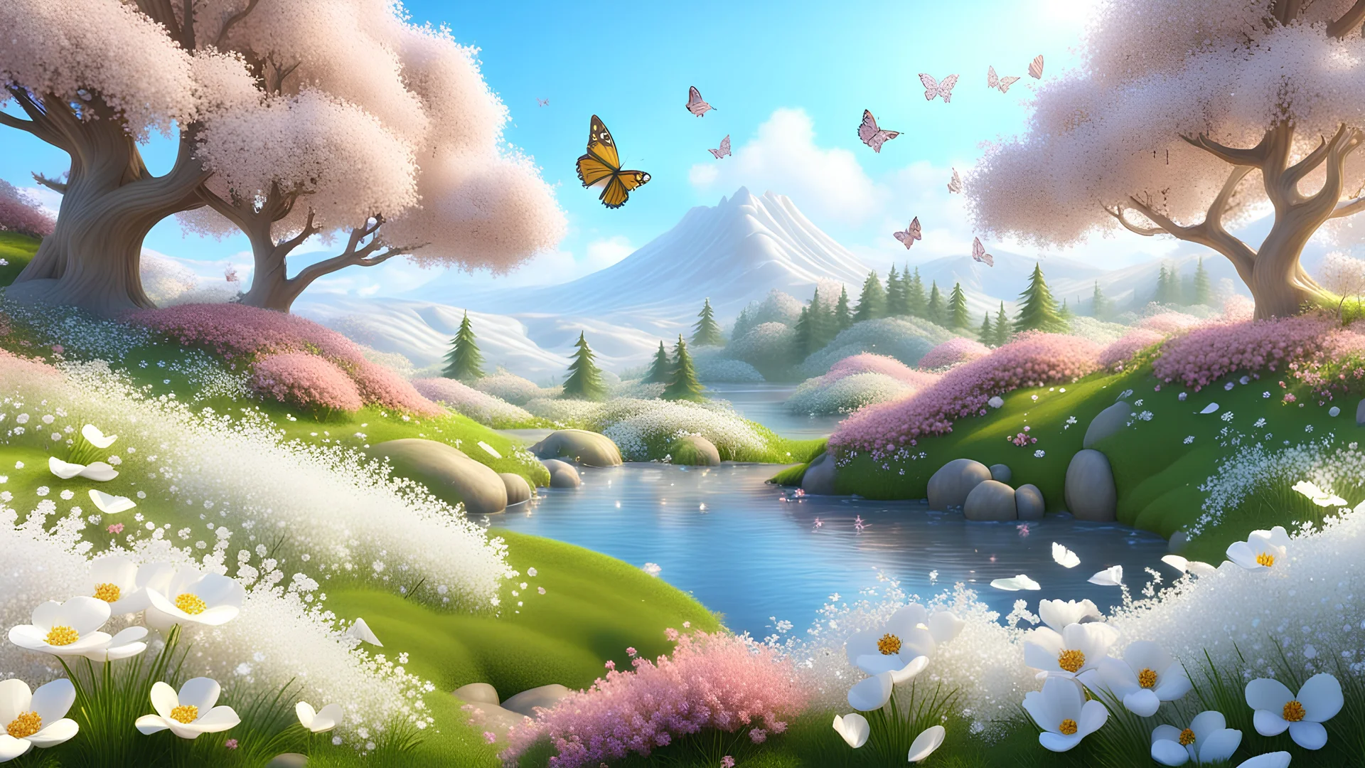 fairy landscape with trees full of white flowers, hills, streams, butterflies, birds, meadows and sparkly flowers, crystals bushes made of flowers and diamonds,background glitter colors, 4k, unreal engine 5, cinema 4d, HDR, dust effect, vivid and intense colors