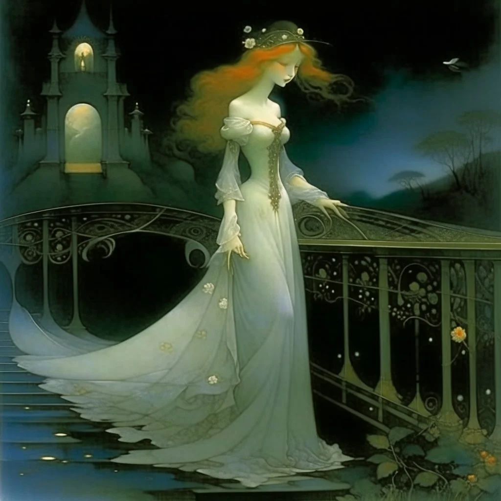 THE GHOST IS STILL DANCING AT NIGHT ON THE OLD COUNTRY BRIDGE. Alphonse Mucha. Leonor Fini