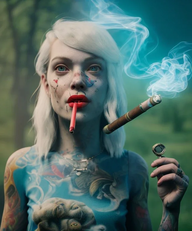 Ultra realistic wonderland photo, happy blonde woman smoking a pipe, old school tattoo, white rabbits, blue circus dress style, smoke, marijuana garden, glow eyes, perfect iris, party people, soft color, highly detailed, unreal engine 5, ray tracing, RTX, lumen lighting, ultra detail, volumetric lighting, high definition.