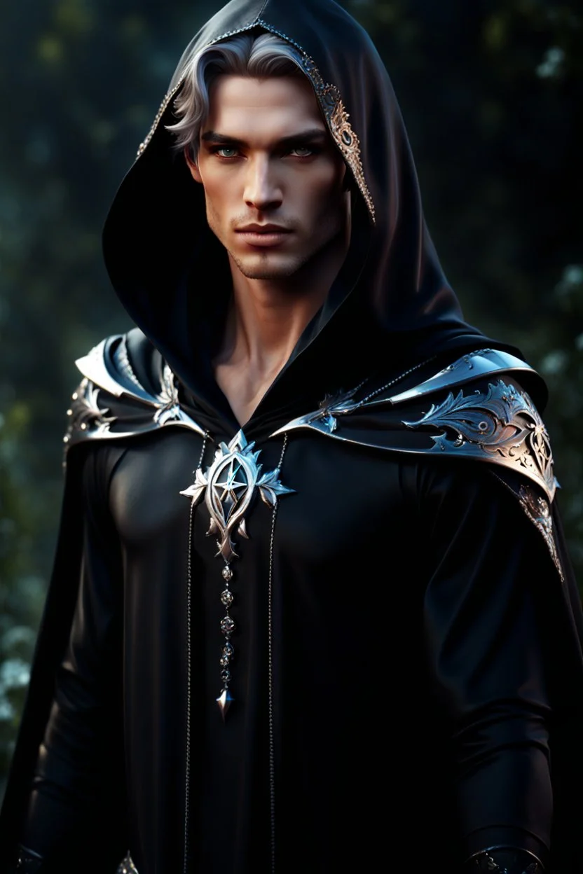 image of a handsome Fae Prince wearing a black hooded cape with silver symbols. Photorealistic. 4k. Dark Fantasy