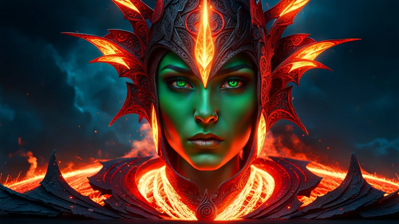 Armageddon. ragnarok. molten lava. 18 year old female sorcerer. magical green eyes. blue fire. red sparks. exquisite realism, a masterpiece, fantasy concept art, dynamic lighting, hyperdetailed, intricately detailed, deep color, Unreal Engine, volumetric lighting , Epic cinematic brilliant stunning intricate meticulously detailed dramatic atmospheric maximal, the naked truth