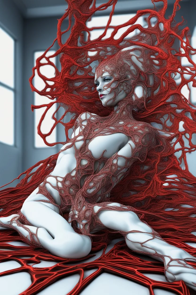 arafed woman laying on the ground with a red net, fractal veins. cyborg, mind-bending digital art, intricate transhuman, cybernetic demon dreaming, fractal veins. dragon cyborg, 3d render digital art, intricate 3 d illustration, intricate artwork. octane render, 3 d neon art of a womens body, digital art render