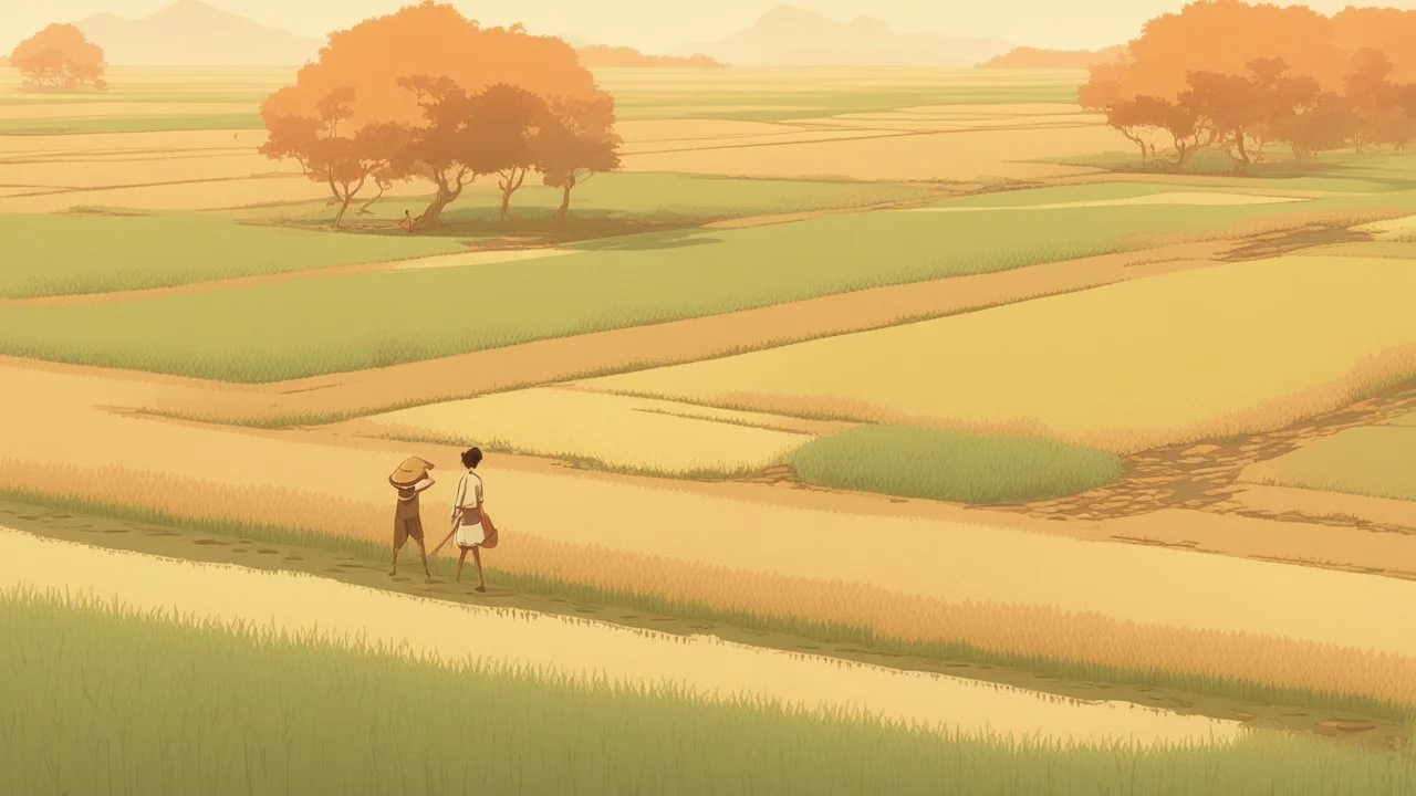 Rice field，Trees，Warm color palette，Animation，A lovely grasshopper，People who work