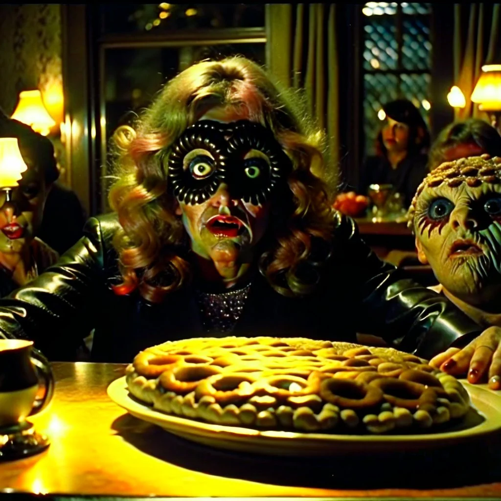 Spooky, ultra realistic distress, dining, ultra realistic hot woman, giant eye on a table, organic hot bondes, dynamic, anguish, excited and lively scene, hypermaximalist figures, Creepy the Ring Alfred Hitchcock, Sam Raimi, insanely detailed, sinister, John Carpenter, Dario Argento, ornate