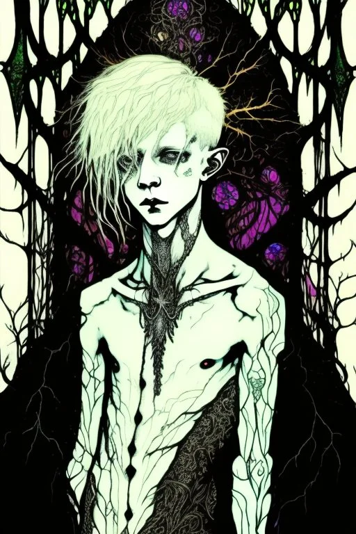 Emo, albino, teen, satyr, alchemist, in the style of Harry Clarke