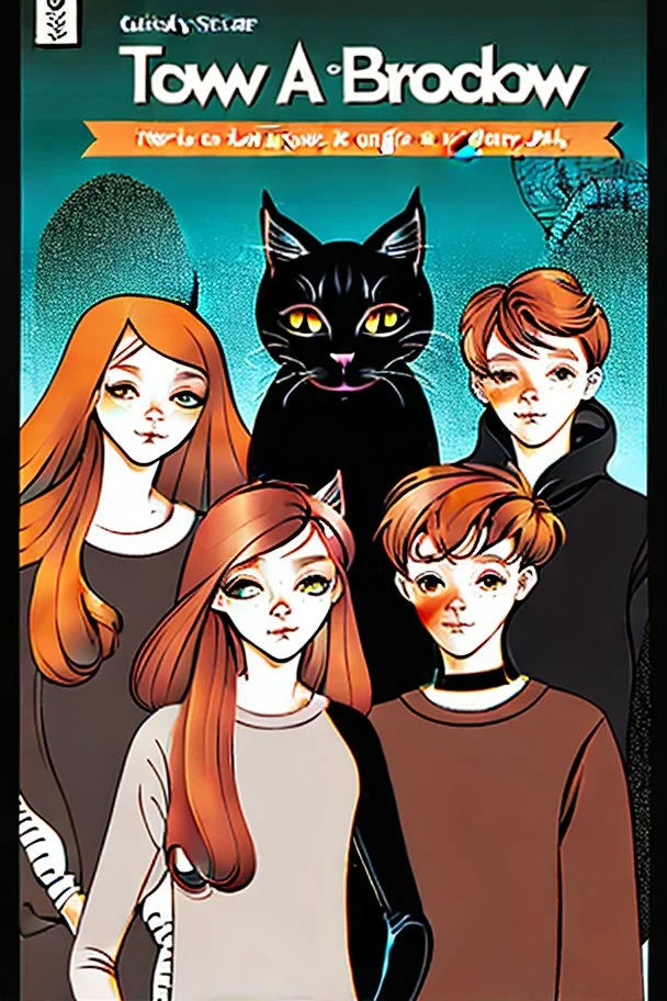 Act like a book cover designer. Use comic style. Grimmy black cat and a group of three teenagers (13-15 years old) - two brothers with ginger hair and frickles with a brown-haired girl. Environment: old town.