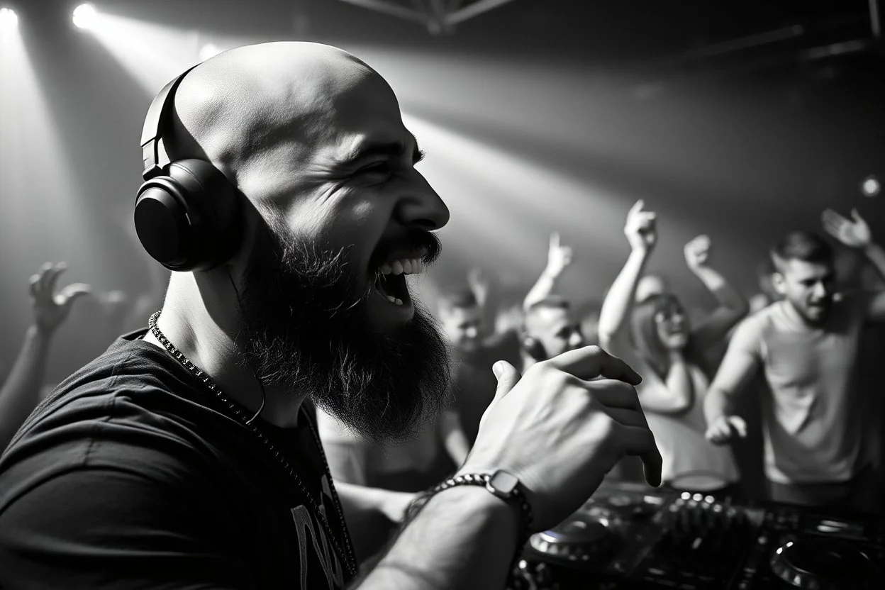 en manlig skallig och goatee (ansat skägg) DJ (med hörlurar) som sjunger nära in i kameran, väldigt exalterad, och folk som dansar våldsamt i backgrunden på ett techno disco, svartvit bild, prodigy trash style