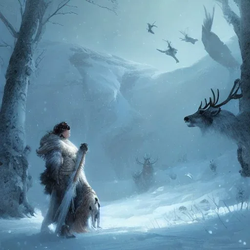 A queen warrior winter woman with winter animals, winter deers, winter bears, winter birds in the cold fantasy world , 8k resolution, ice winter fantasy concept art, by Greg Rutkowski, dynamic lighting, hyperdetailed, intricately detailed, deep, flying winter birds