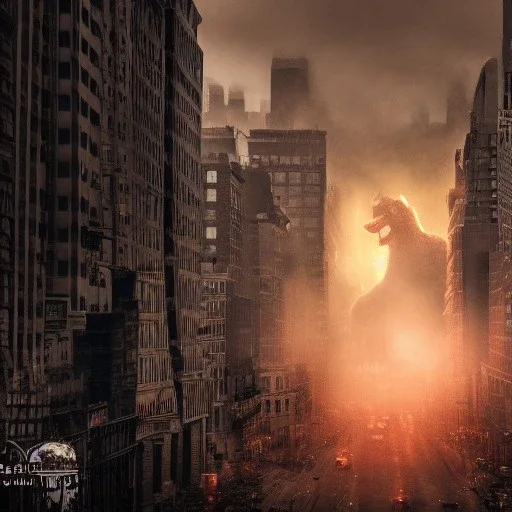 giant furry monster, destroying downtown New York city, dramatic, dramatic lighting, volumetric lighting, hyperrealism, 8k, high quality, photorealistic, lot of details