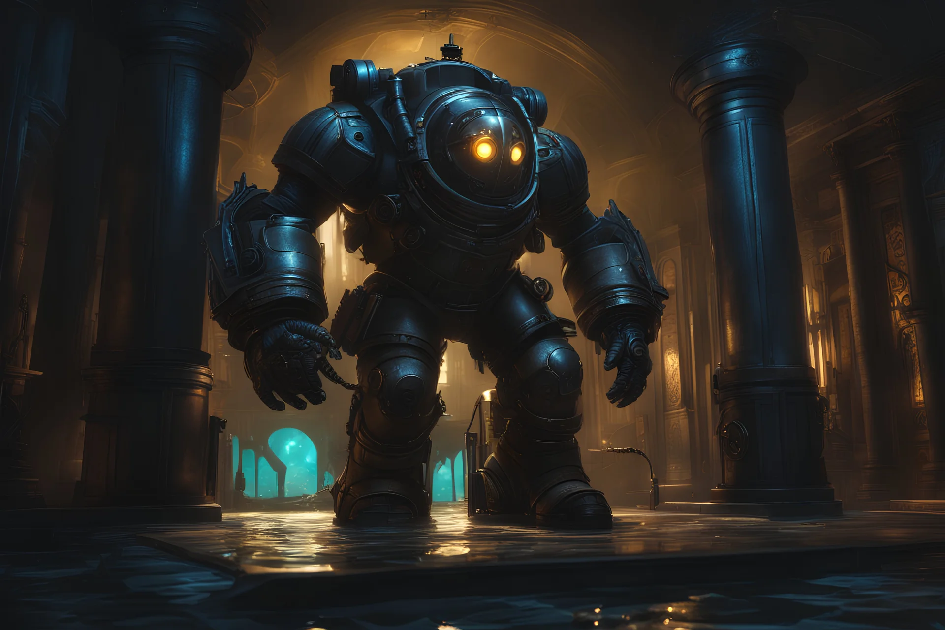 Big Daddy in bioshock model with 8k solo leveling shadow artstyle, venom them, Underwater, neon water, full body, intricate details, highly detailed, high details, detailed portrait, masterpiece,ultra detailed, ultra quality