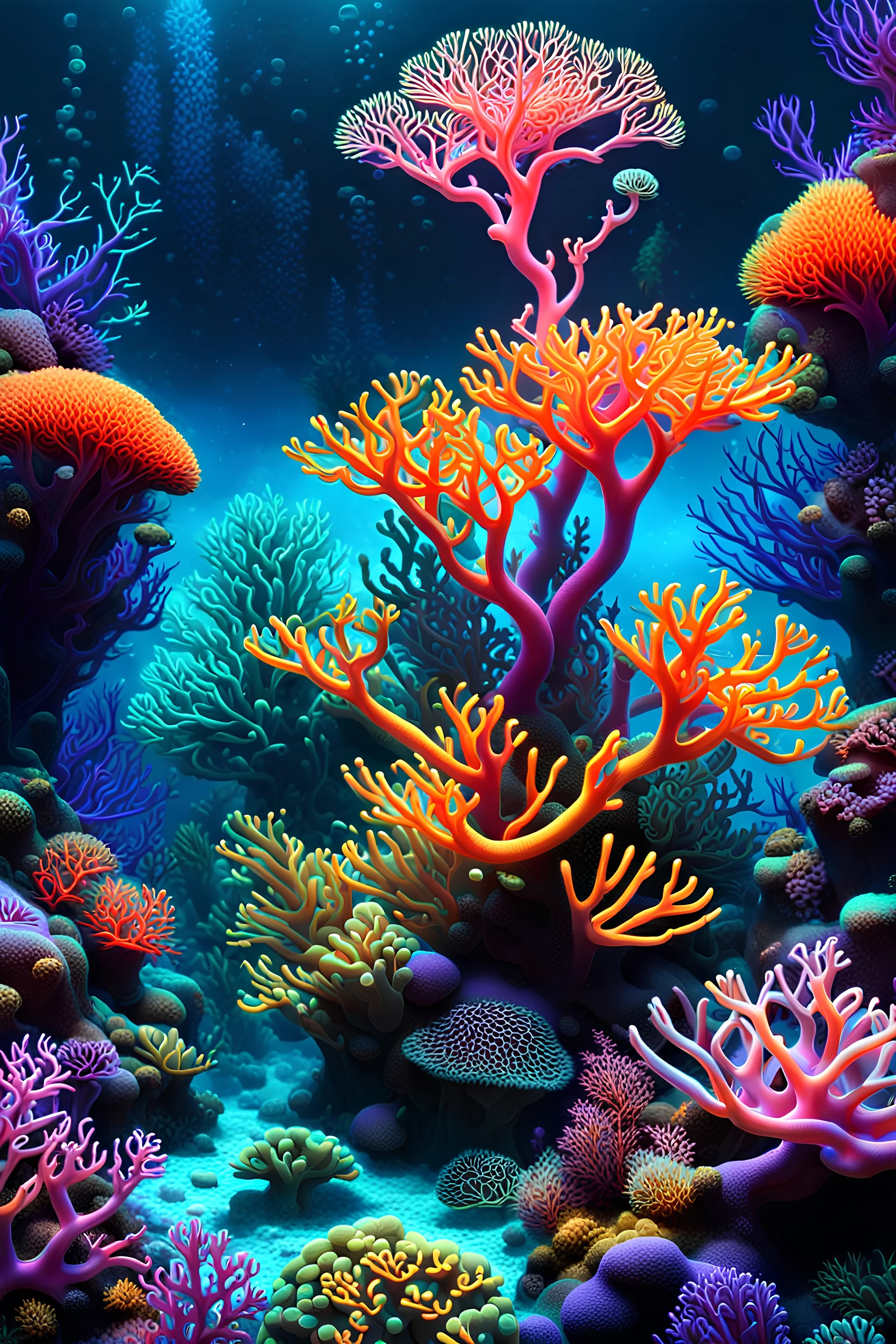 Ultra detailed of a surrealistic neon coral reef, scientific illustration, dendritic, artstation: award-winning: professional portrait: atmospheric: commanding: fantastical: clarity: 16k: ultra quality: striking: brilliance: stunning colors: masterfully crafted.