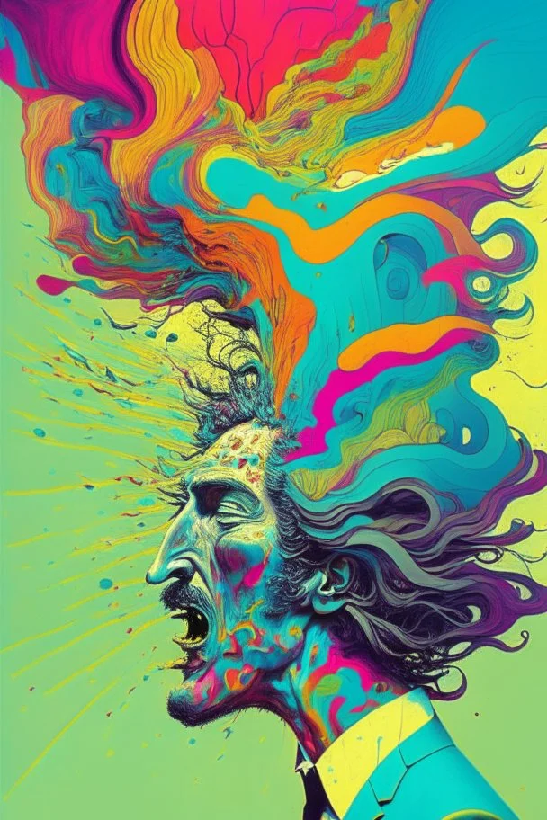 Man whose head is evaporating into the chaotic wind; Pop Art; Surrealism; Salvador Dali, Alex Pardee, Insanely Detailed; Intricate; Award-Winning; imperial colors