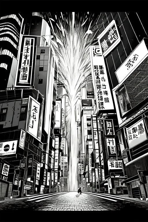 multiple explosions, buildings of Tokyo greyscale