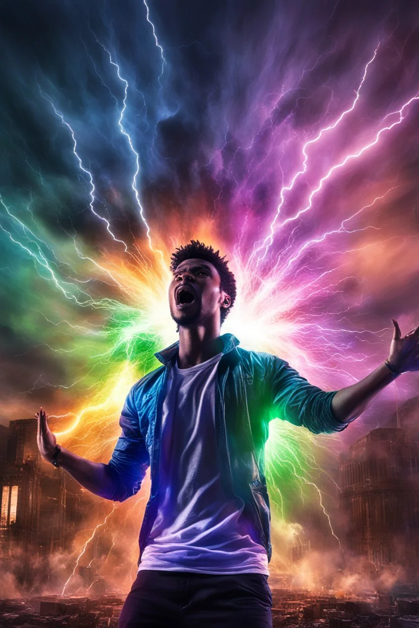 Young man standing, with arms raised with lightening coming from them, in front of an exploding building at night, with coloured auras around him