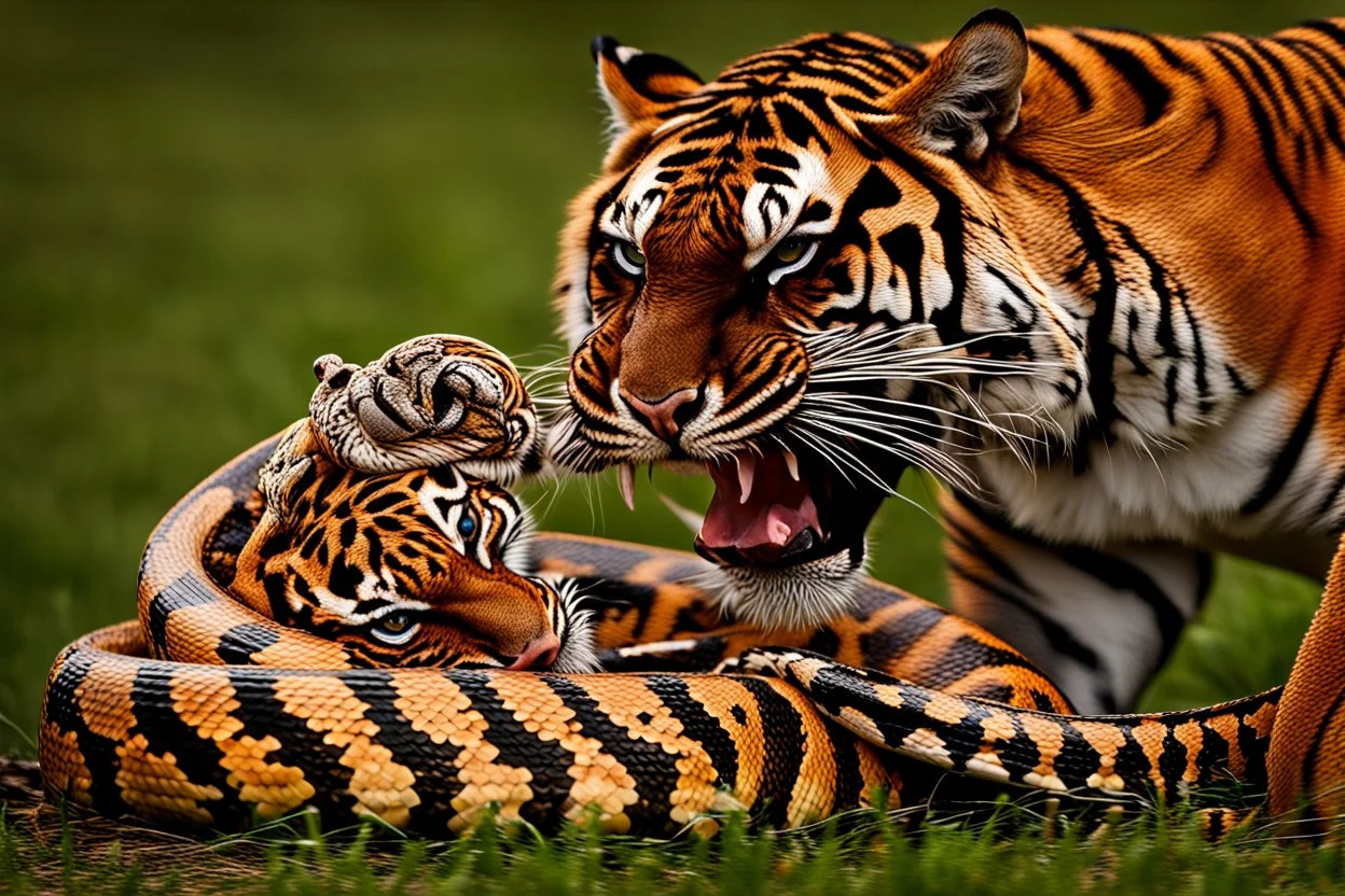 A python with its coils partially wrapped around a tiger. The python is thin but has a very long body, emphasizing the contrast with the tiger. The tiger, captured mid-action, is trying to bite the python. The high shutter speed freezes this intense moment, highlighting details like the textures of the python's scales and the tiger's fur, and the expression of struggle and defense. The background is a dense jungle with green foliage and vines. The rest of the python's body is visible, extending