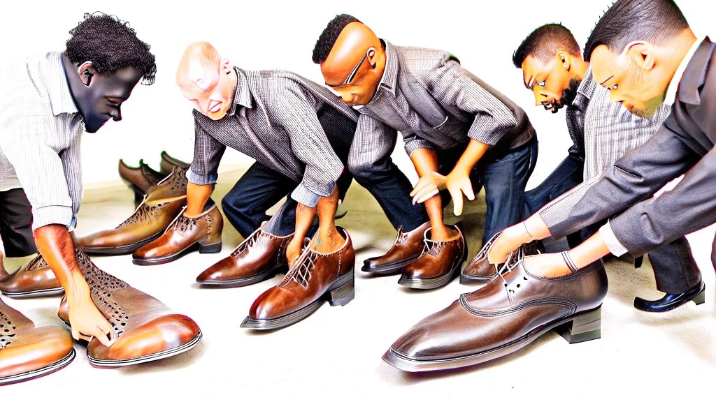 group of men smelling shoes