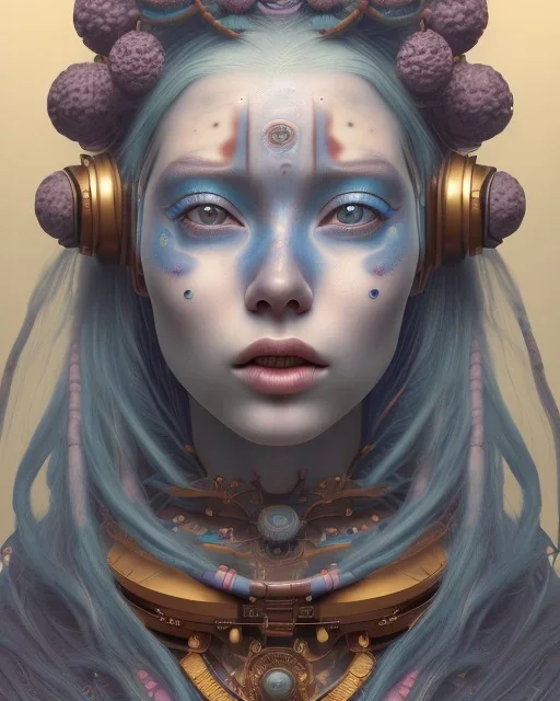 head and shoulders portrait of a woman with planets on her head, long blue hair, face paint, jester hat, Takato Yamamoto artist, Akiya Kageichi artist, Jedediah Berry inspired, 8k resolution concept art portrait, dynamic lighting, hyperdetailed, intricately detailed, maximalist, beautiful, peaceful, galaxy background