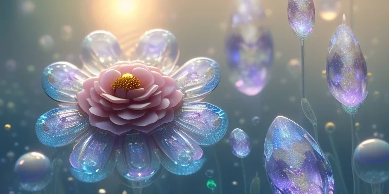 one big crystal subtle flower in a galactic ambiance with a beautiful fairy, transparent petals, delicate colors, in the foreground, full of details, smooth，soft light atmosphere, light effect，vaporwave colorful, concept art, smooth, extremely sharp detail, finely tuned detail, ultra high definition, 8 k, unreal engine 5, ultra sharp focus