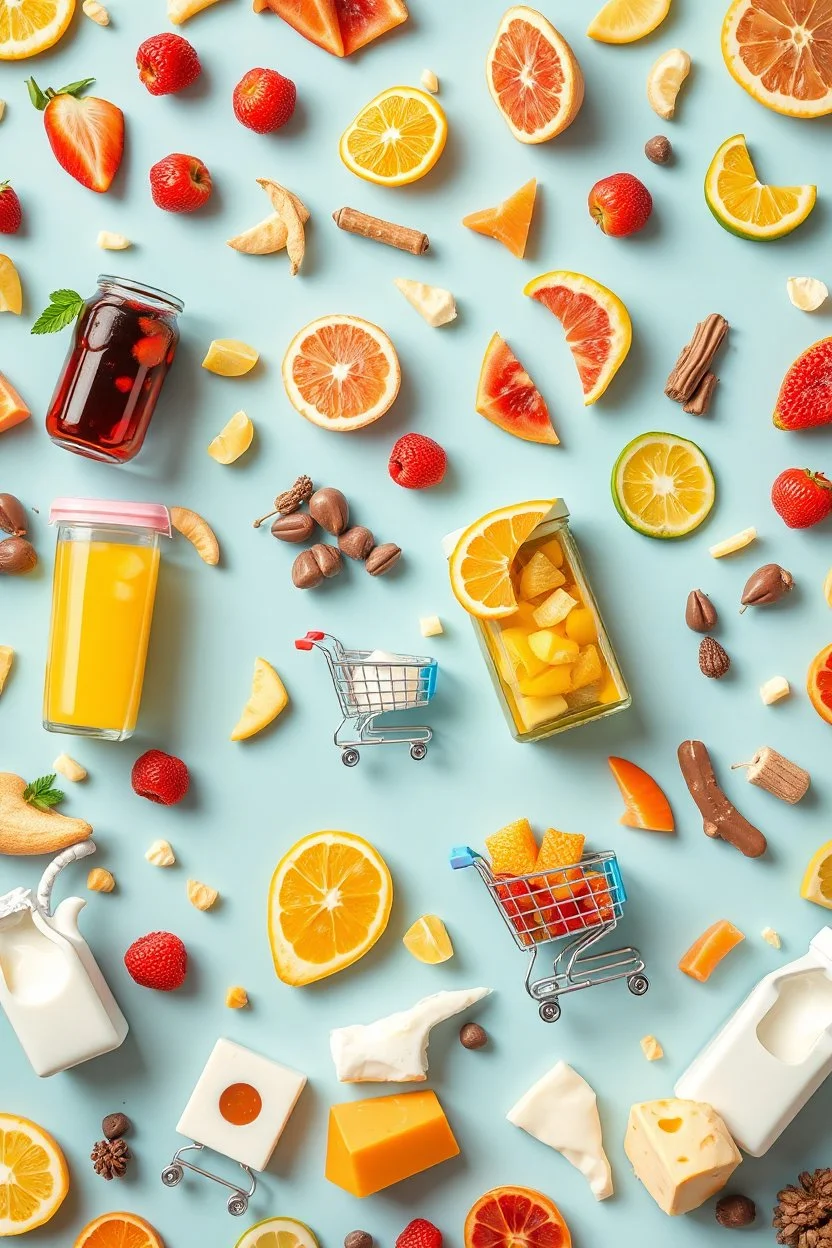 A design filled with various fruit juices, tropical fruit slices, chips, soda, various chocolates, shopping carts, cheese, butter, pasteurized milk, and dairy products in bright, cheerful, and eye-catching colors.