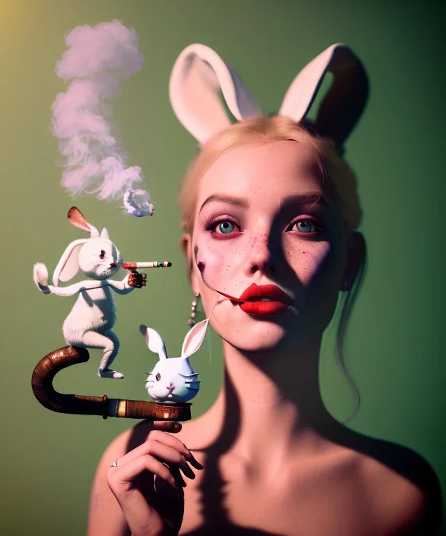 Ultra realistic portrait, wonderland party club, wide-angle lens, couple, cinematic, happy blonde woman smoking a pipe, accompanied by elegant anthropomorphic white rabbit, circus dress style, old school tattoo, laughter, marihuana plants, smoke, mushrooms, soft color, highly detailed, unreal engine 5, ray tracing, RTX, lumen lighting, ultra detail, volumetric lighting, high definition.