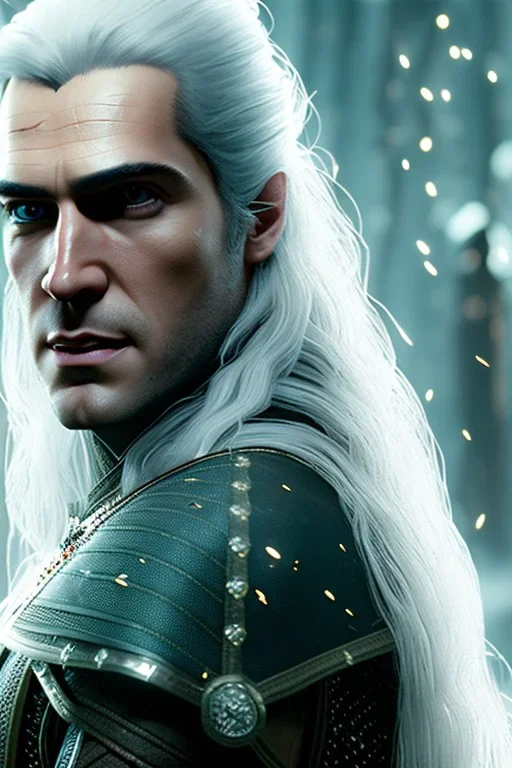 Henry cavil face, Crystal yellow eyes, long white hair, wearing The witcher 3, realistic, 4k, intricate, best quality, fog particles, fire particles, octane render, vray, sword fire