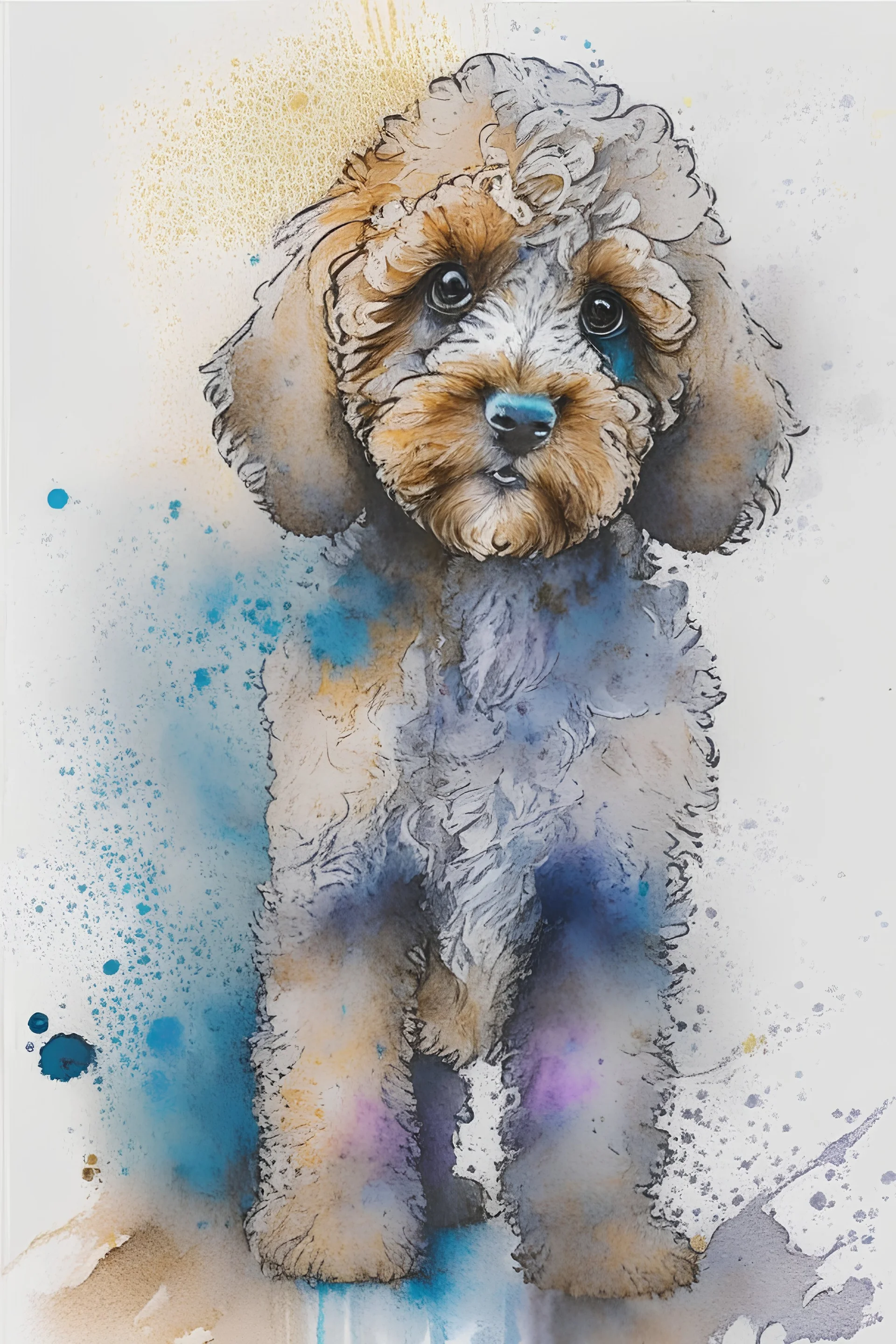 Abstract wet watercolour of a cockapoo, ink lines, splashy background detailed,focus on eyes, watercolour paper