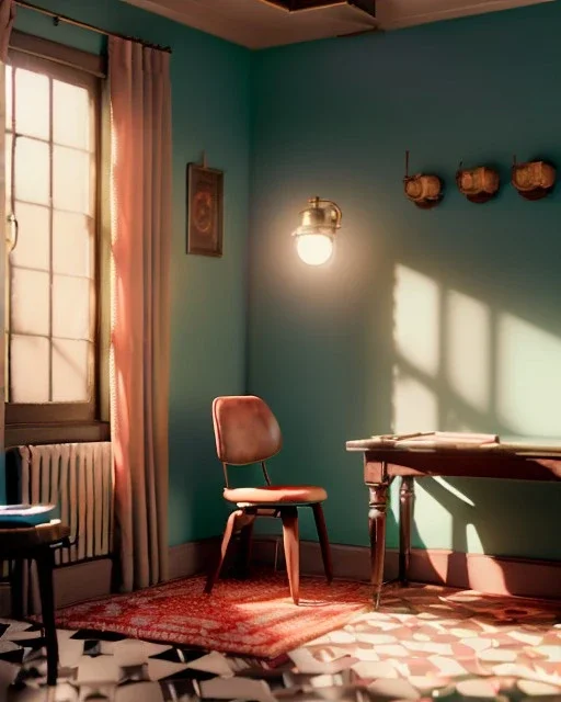 Room scene with sit woman, Wes Anderson style, realistic photo, concept art, smooth, unreal engine 5, god lights, ray tracing, RTX, lumen lighting, ultra detail, volumetric lighting, 3d.