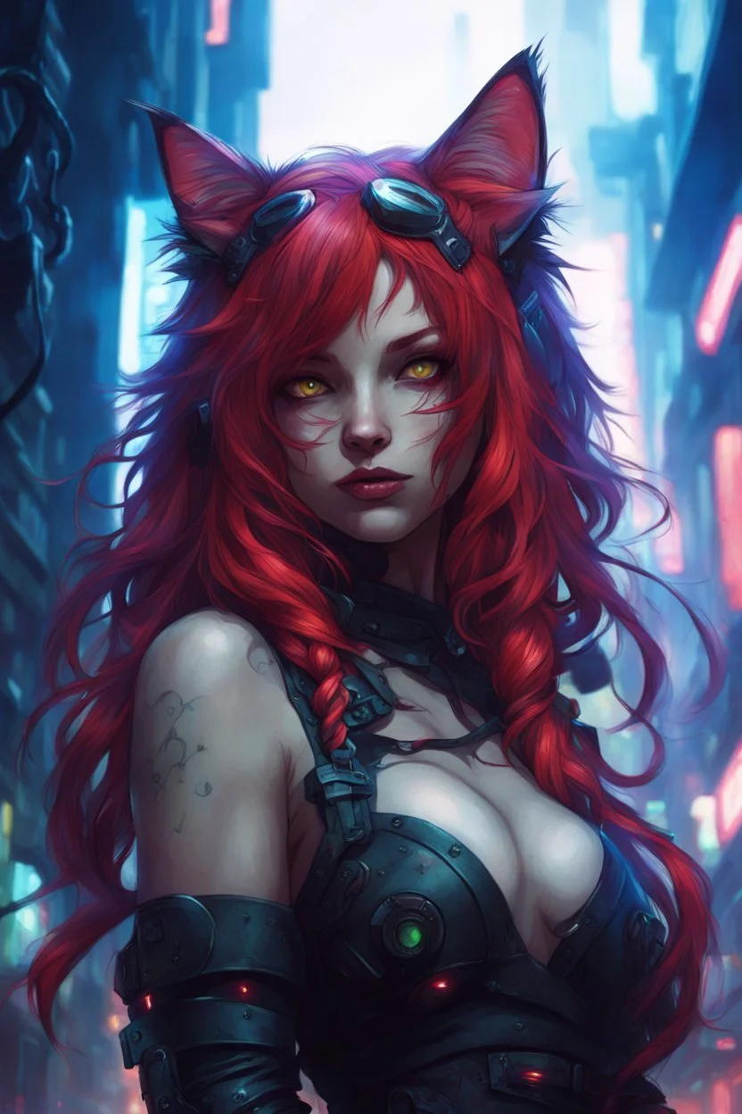 CAT GIRL, FANTASY, VINES, SOULLESS, FLUFFY TAIL, RED HAIR, CYBERPUNK