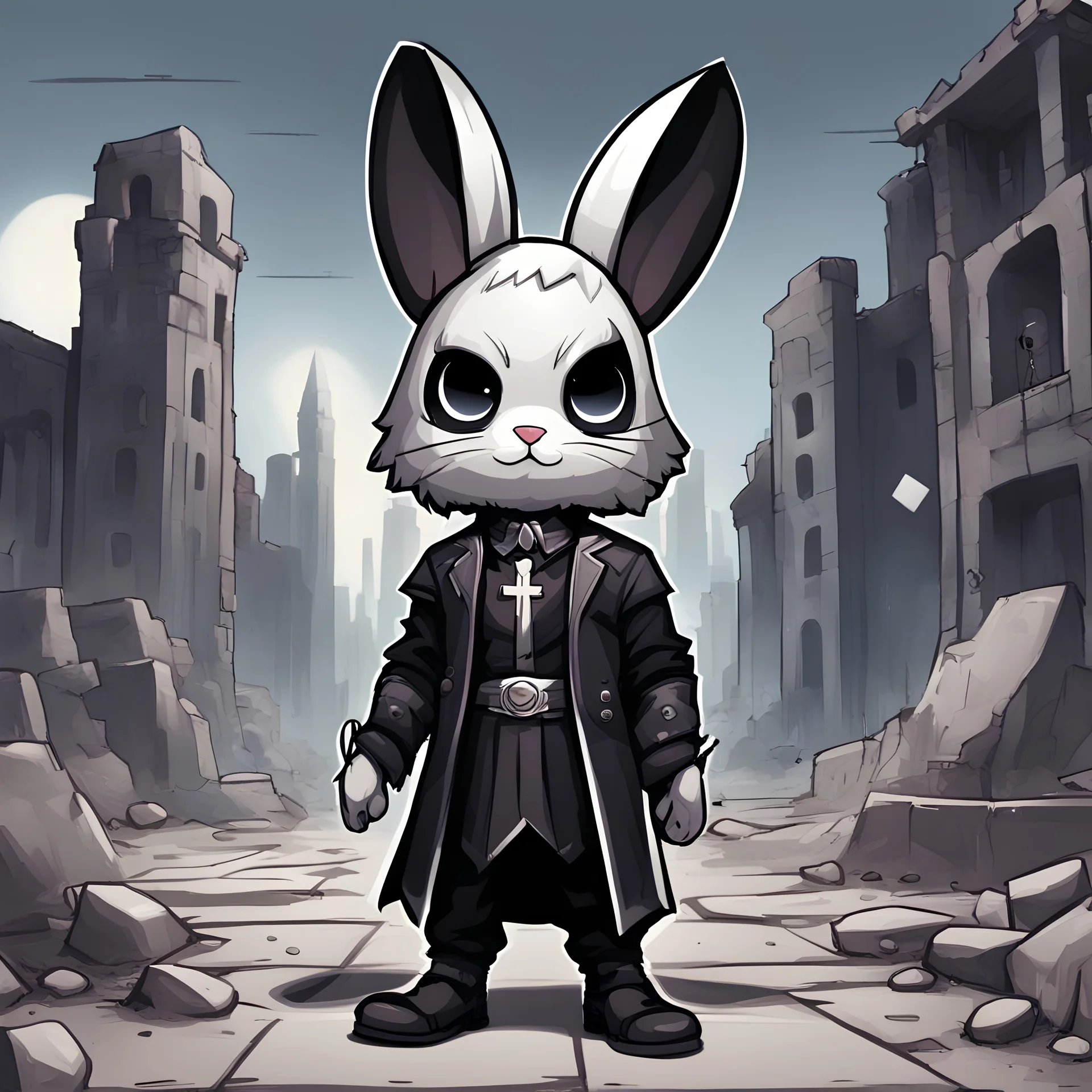 Adjudicator Male dressed in a bunny costume with bunny ears priest-like costume of jet black with silver cross markings they are a vigilante, background city ruins, in 2d chibi art style