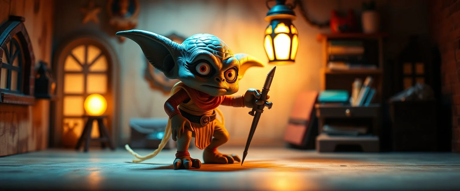 air brush 3d with pen outline,spaghetti western goblin edgy hero, shallow depth of field, warm lantern, pin hole cam in doll house