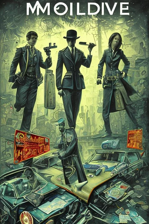 Design a detective book cover for teenagers. Three teenage detectives in the centre, one boy on her left, the girl in the centre and one on her right are on the town street. Black cat. Banksy style, pop art style, mysterious atmosphere,