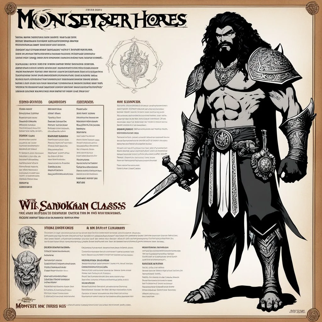 monster concept sheet with AD&D statistics and characteristics : [wii No More Heroes style with thick lines] the Sandokan (1976) character class with table of special powers