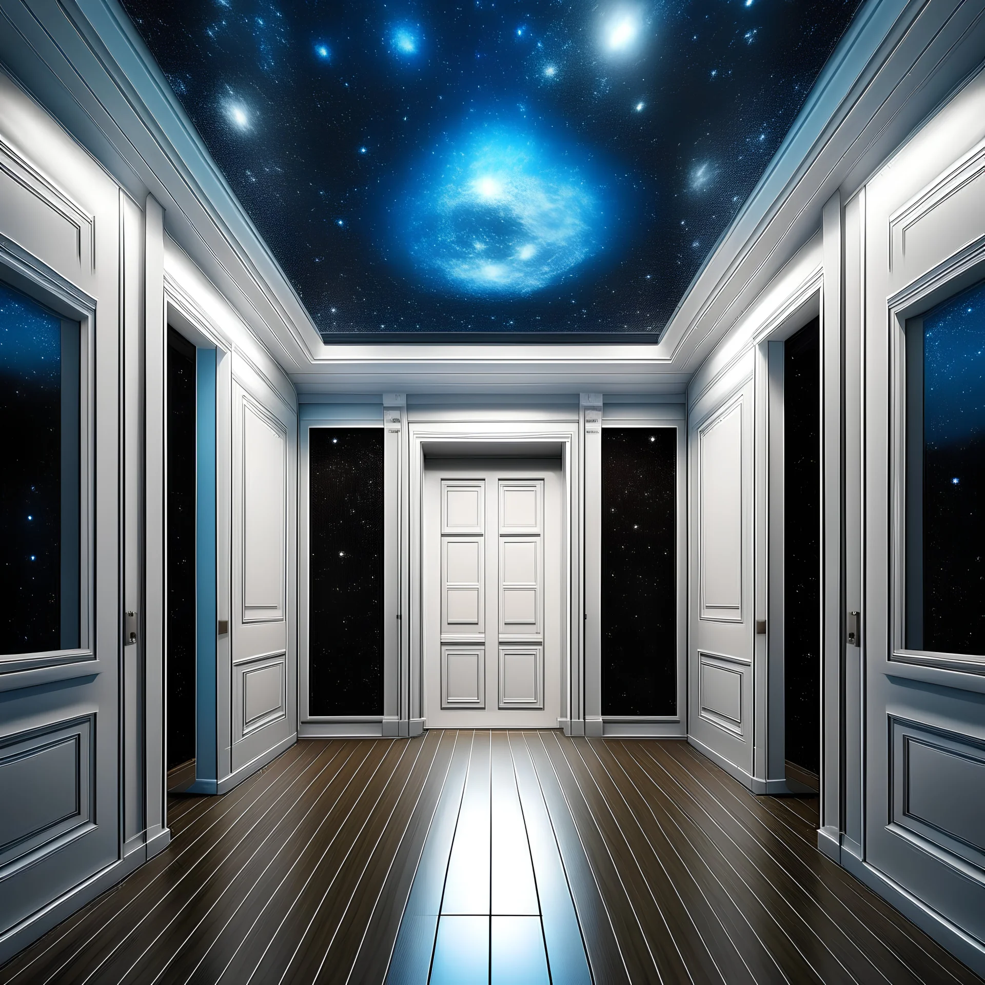 The floor is water, the ceiling is a starry sky in the middle, a white door