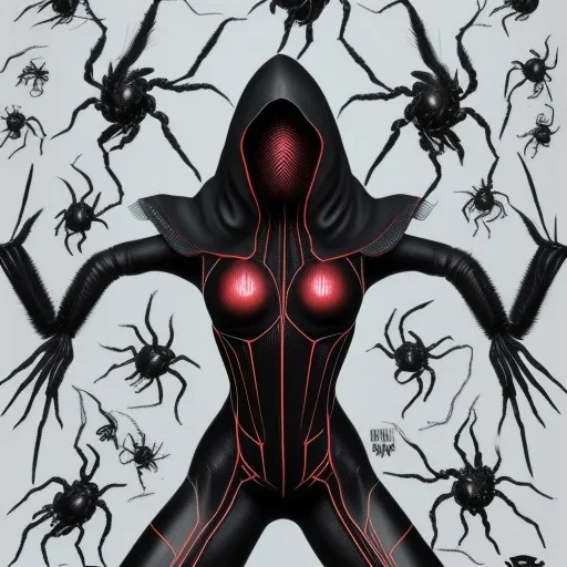 This spider woman is a formidable sight to behold, with the body of a human woman and the head and legs of a spider. She is dressed in a sleek black and red leather suit, with a hood that covers her spider head. Her skin is covered in shimmering black scales, and her eyes glow a bright, otherworldly green. She is fast and agile, able to climb walls and ceilings with ease. She has venomous fangs and sharp claws, and she can spin webs of magical energy to ensnare her enemies. She is intelligent an