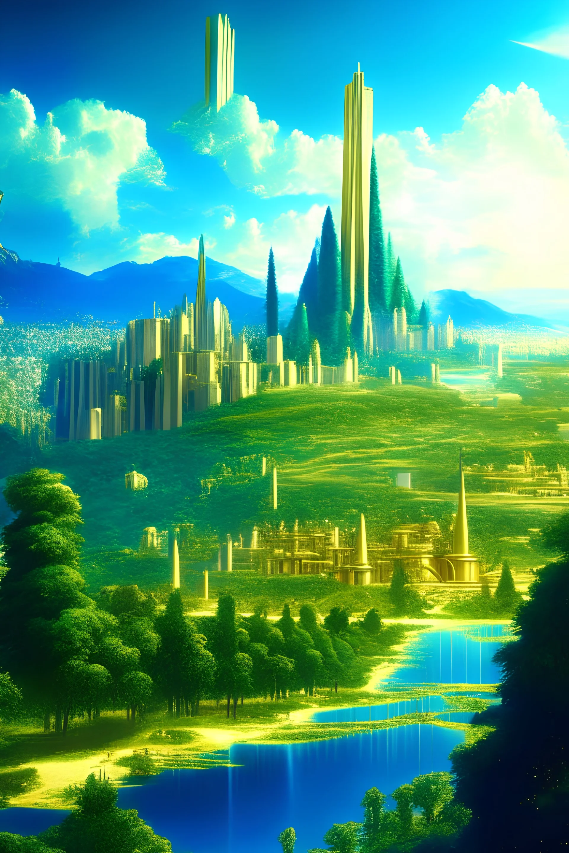 New Jerusalem city of gold, backround New Earth with green forest blue sky, hyper photorealistic