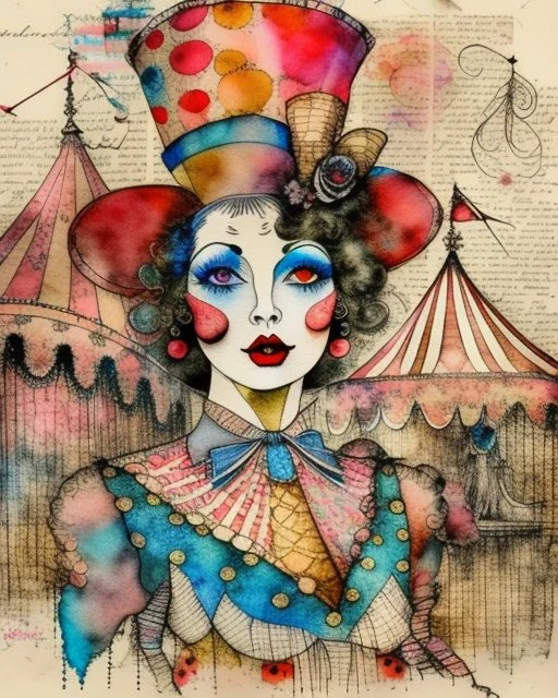 Masterpiece, a delicate ink and watercolor wash rendering on rough handmade paper. A vibrant and imaginative collage unfolds, blending vintage circus charm with surreal whimsy. At its heart stands a glamorous circus performer, wearing a colorful, patterned bodysuit rendered with intricate ink lines and layered washes of sapphire, crimson, and gold. A tall, red top hat crowns her head, sketched with bold strokes and rich scarlet hues. Behind her, a classic circus tent rises, its stripes suggested