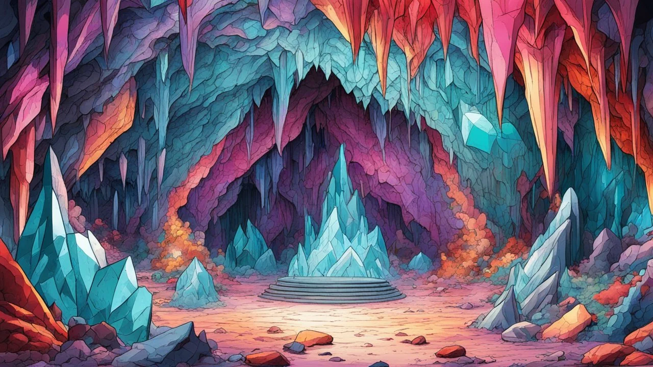 comic style, crystal cave, maximalism