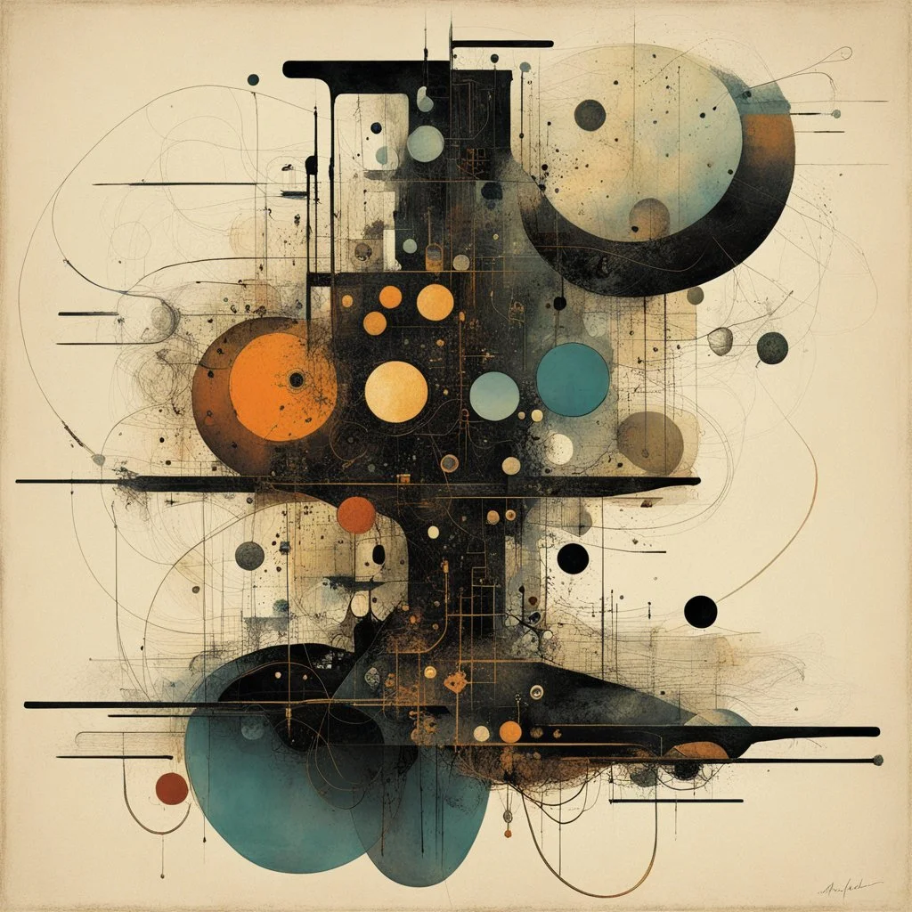 Malignantly useless, remedies of tragedy, abstract surrealism, by Arthur Secunda and Victor Pasmore and Wassily Kandinsky, maximalist mind-bending illustration; asymmetric; spooky colors, eerie, vertical and horizontal morse code dots and dashes, by Jeremy Mann