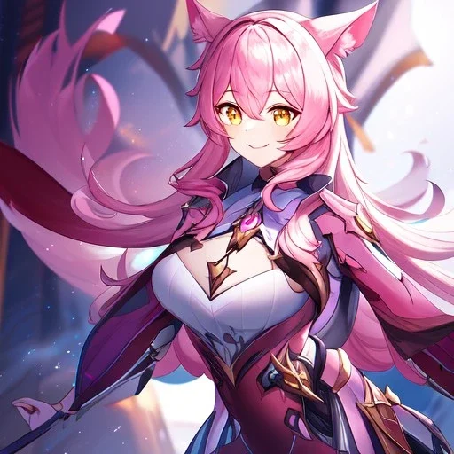 Clear focus,High resolution,High quality, Smiling, Pink long fluffy hair, Pink cat ears, Yellow eyes, Wearing a pink mech uniform, Honkai Impact Star Rail